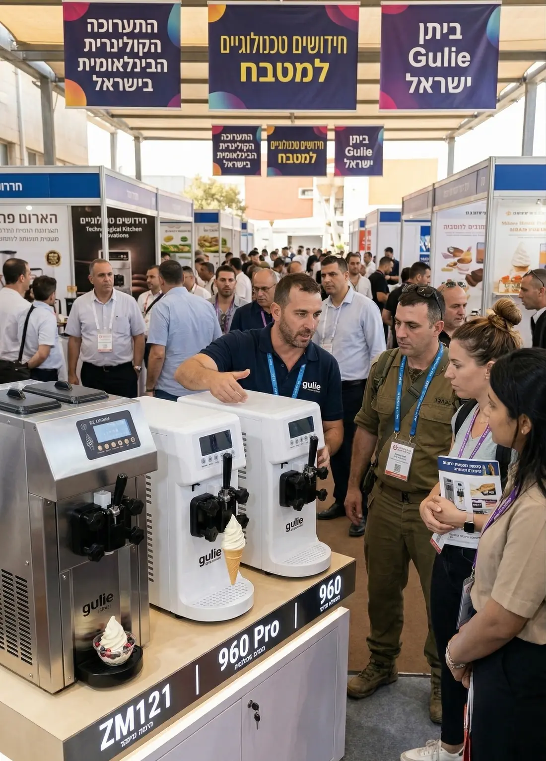 ביתן Gulie ישראל בתערוכה הבינלאומית, שלושת דגמי המכונות מוצגים לקהל