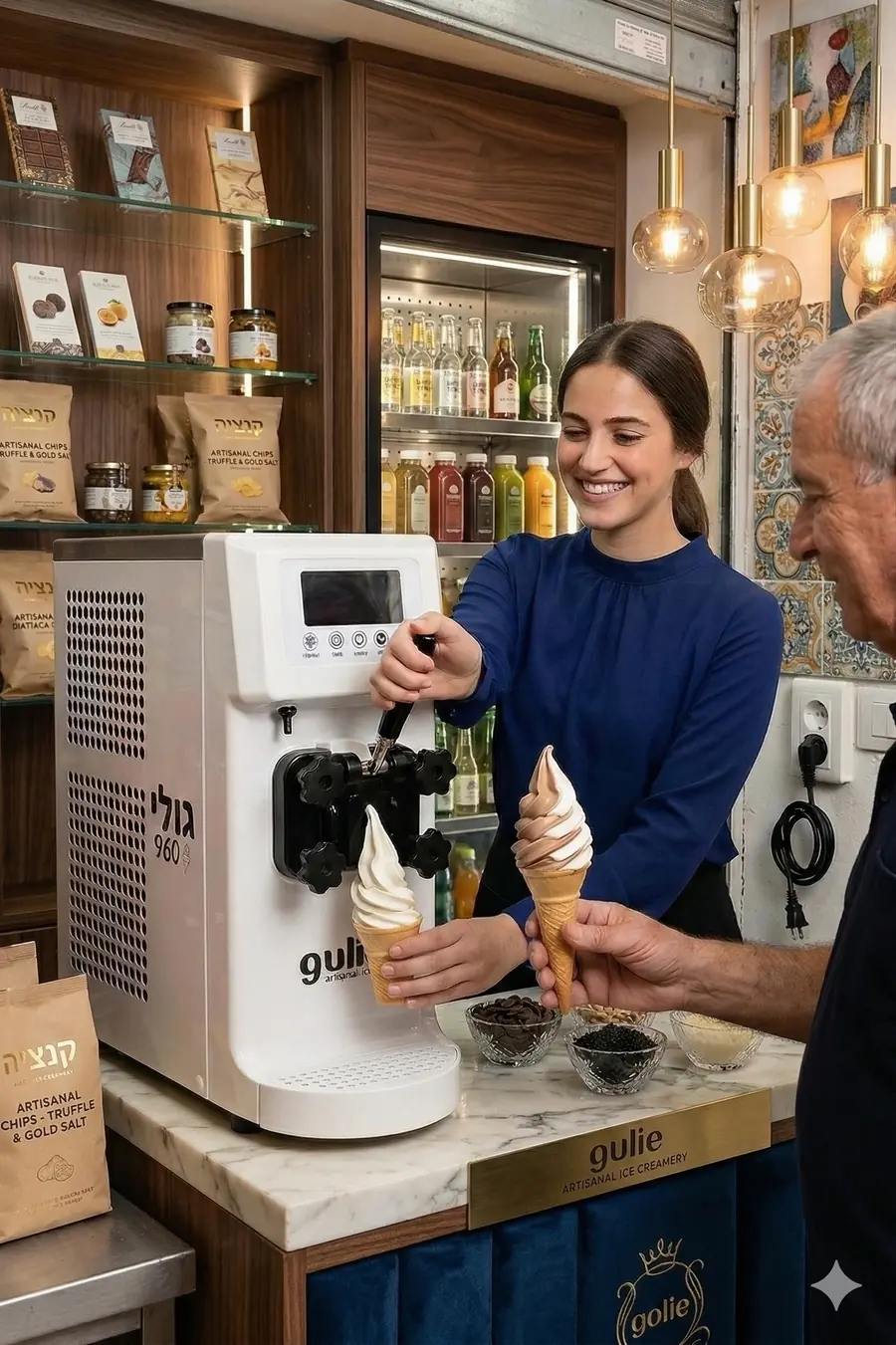 מכונת גלידה GULIE על דלפק של חנות קפה ומעדנייה