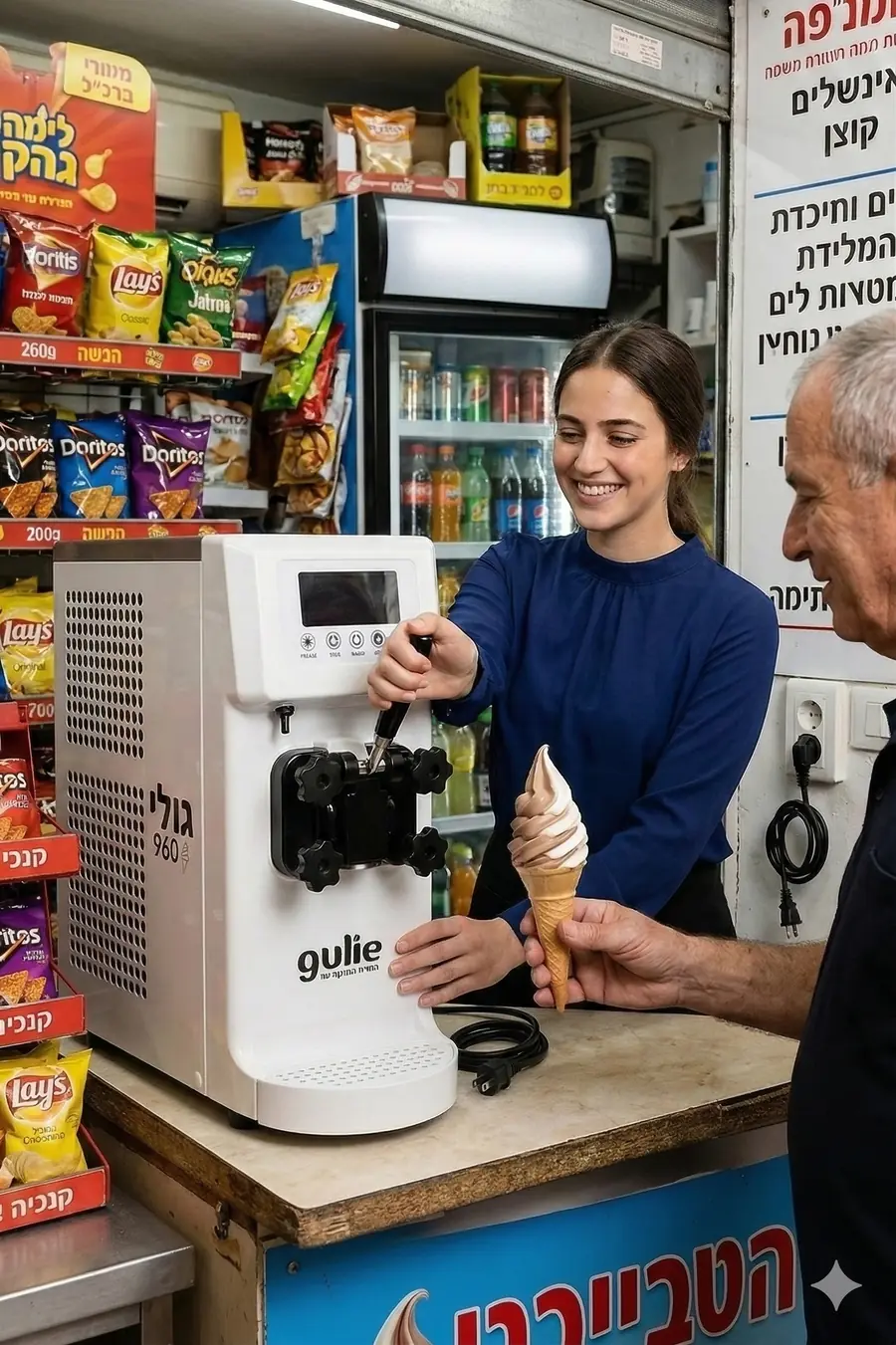 מכונת גלידה GULIE בקיוסק שכונתי לצד מקררי שתייה